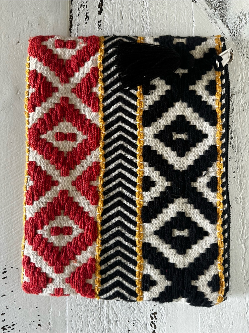 chic Red Black and White Embroidered Zip Pouch with Tassel
